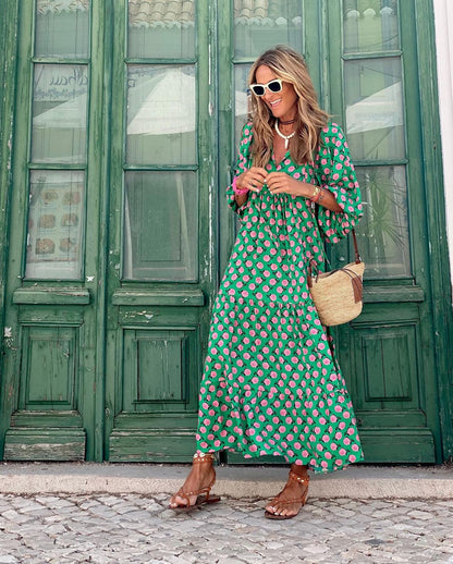 Vestido Maxi Floral Sin Esfuerzo para Mujeres con Escote en V, Manga de Campana, Volantes en Capas y Estilo Bohemio