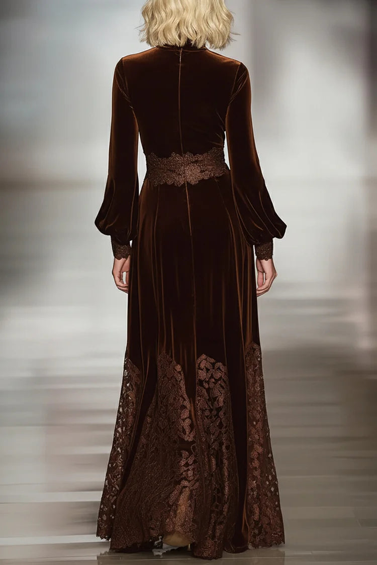 Vestido Maxi de Terciopelo Marrón Elegante para Mujeres con Cuello Alto, Manga Larga y Bajo de Encaje Fluyente