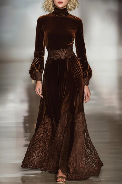 Vestido Maxi de Terciopelo Marrón Elegante para Mujeres con Cuello Alto, Manga Larga y Bajo de Encaje Fluyente