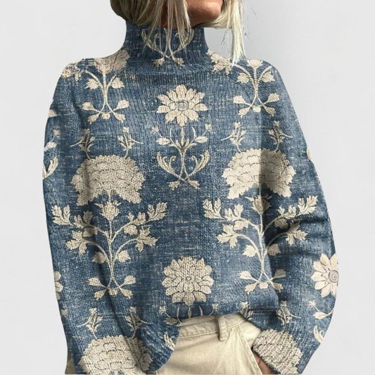 Suéter Floral Impreso Cómodo para Mujeres con Cuello Alto y Manga Larga, Estilo Oversized y Relajado