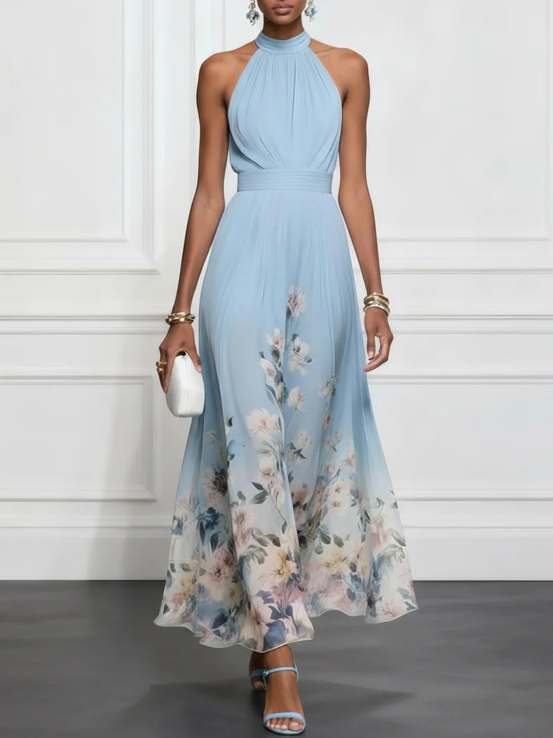Elegante Vestido Maxi Floral Azul para Mujeres con Cuello Halter Sin Mangas y Espalda con Lazo para Invitadas de Boda