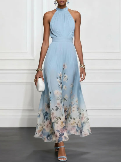 Elegante Vestido Maxi Floral Azul para Mujeres con Cuello Halter Sin Mangas y Espalda con Lazo para Invitadas de Boda
