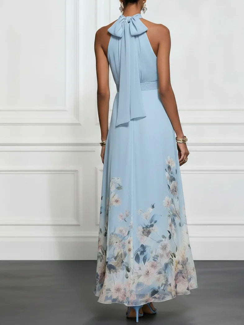 Elegante Vestido Maxi Floral Azul para Mujeres con Cuello Halter Sin Mangas y Espalda con Lazo para Invitadas de Boda