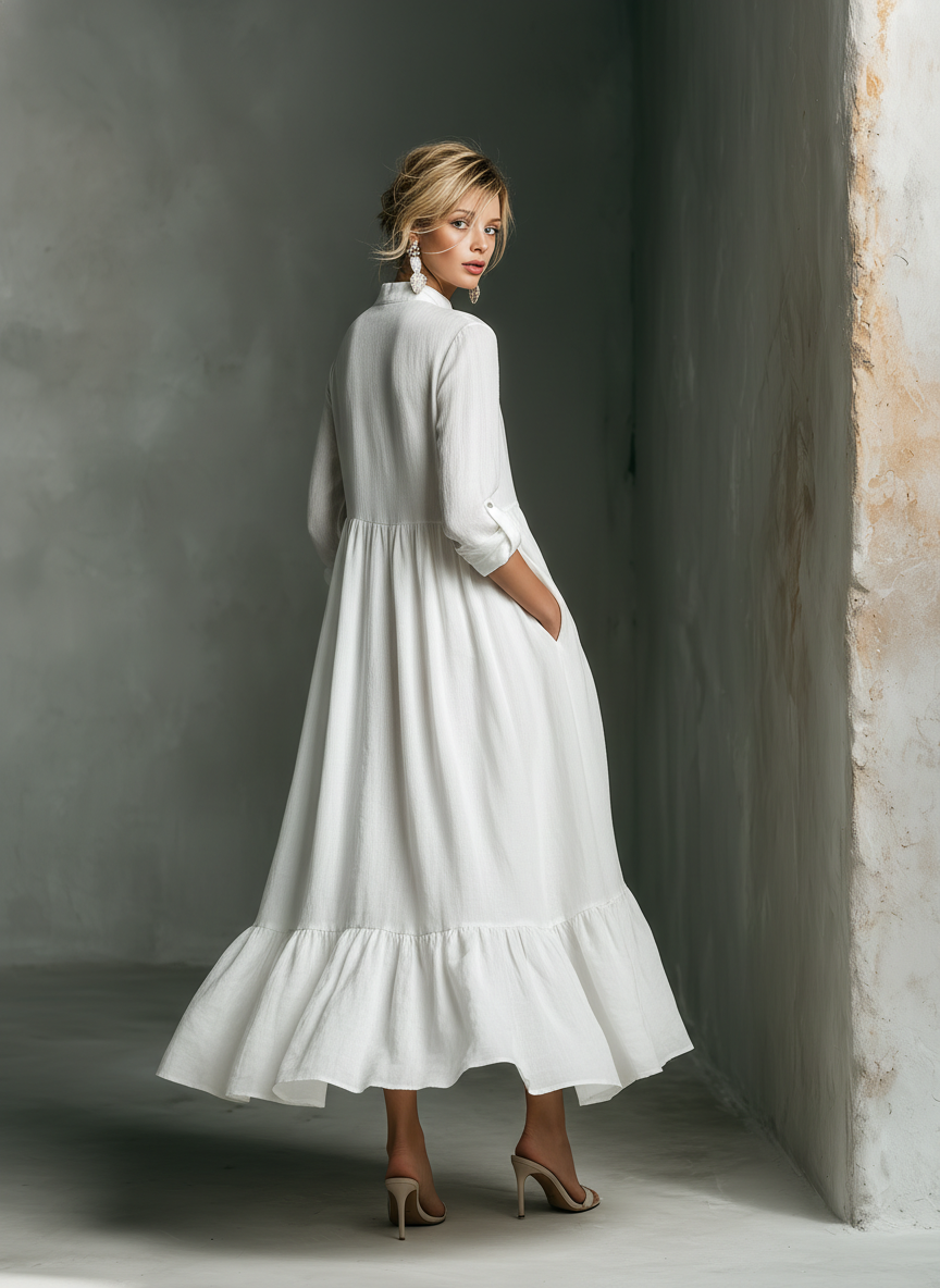 Vestido Maxi Blanco Sin Esfuerzo para Mujeres con Cuello Alto y Botones, Manga Larga, Estilo Casual de Lino con Volantes