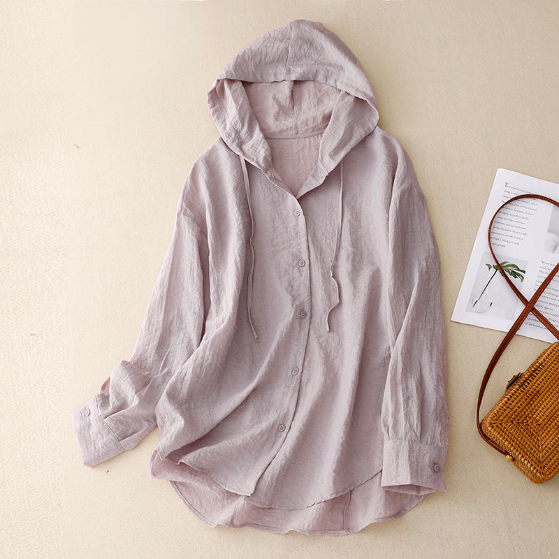 Camisa con Capucha de Lino sin Esfuerzo para Mujeres con Capucha Ajustable de Cordón, Manga Larga, Frente de Botones, Estilo Casual Relajado