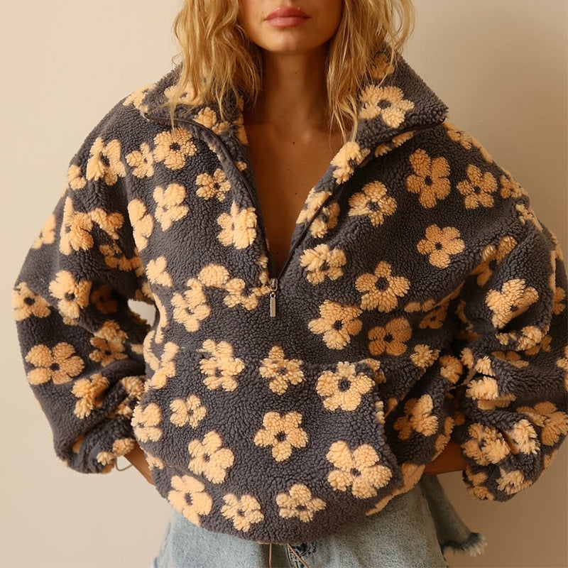 Suéter de Sherpa Floral Cómodo para Mujeres con Cuello, Cierre de Cremallera de Cuarto, Manga Larga y Estilo Oversized