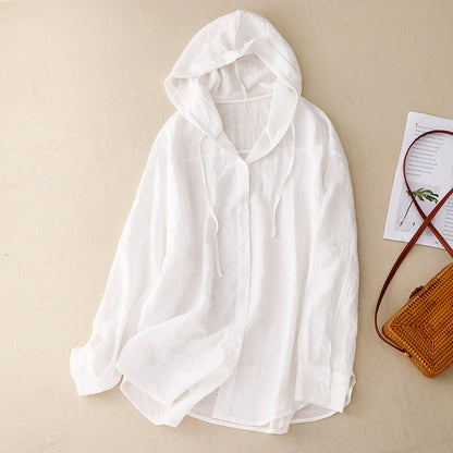 Camisa con Capucha de Lino sin Esfuerzo para Mujeres con Capucha Ajustable de Cordón, Manga Larga, Frente de Botones, Estilo Casual Relajado
