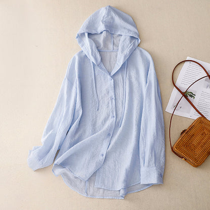 Camisa con Capucha de Lino Sin Esfuerzo para Mujeres con Cordón, Manga Larga, Estilo Relajado con Botones