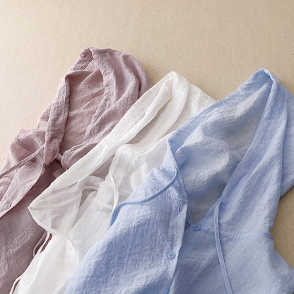 Camisa con Capucha de Lino sin Esfuerzo para Mujeres con Capucha Ajustable de Cordón, Manga Larga, Frente de Botones, Estilo Casual Relajado