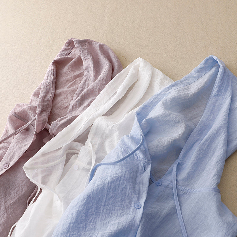 Camisa con Capucha de Lino Sin Esfuerzo para Mujeres con Cordón, Manga Larga, Estilo Relajado con Botones