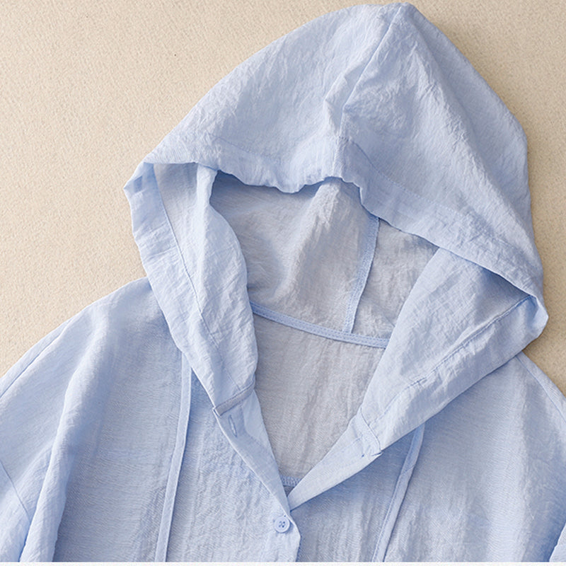 Camisa con Capucha de Lino sin Esfuerzo para Mujeres con Capucha Ajustable de Cordón, Manga Larga, Frente de Botones, Estilo Casual Relajado
