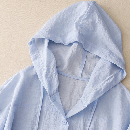 Camisa con Capucha de Lino Sin Esfuerzo para Mujeres con Cordón, Manga Larga, Estilo Relajado con Botones