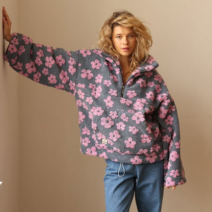 Suéter de Sherpa Floral Cómodo para Mujeres con Cuello, Cierre de Cremallera de Cuarto, Manga Larga y Estilo Oversized