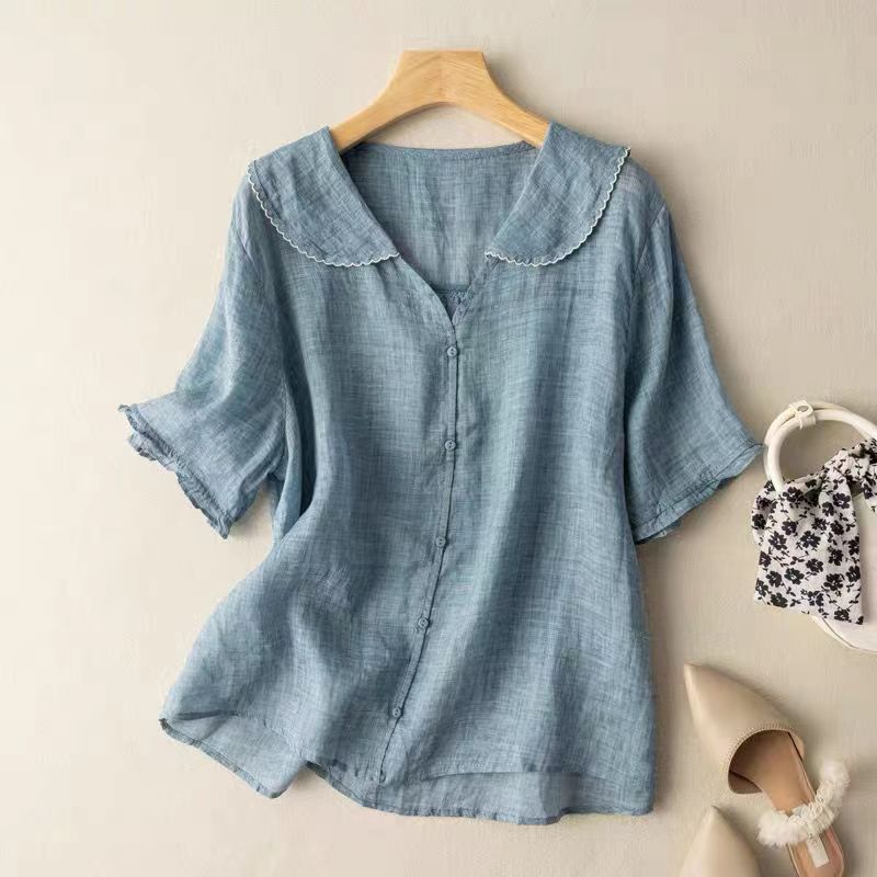 Blusa de Lino Sin Esfuerzo para Mujeres con Cuello de V en Volantes y Estilo Casual