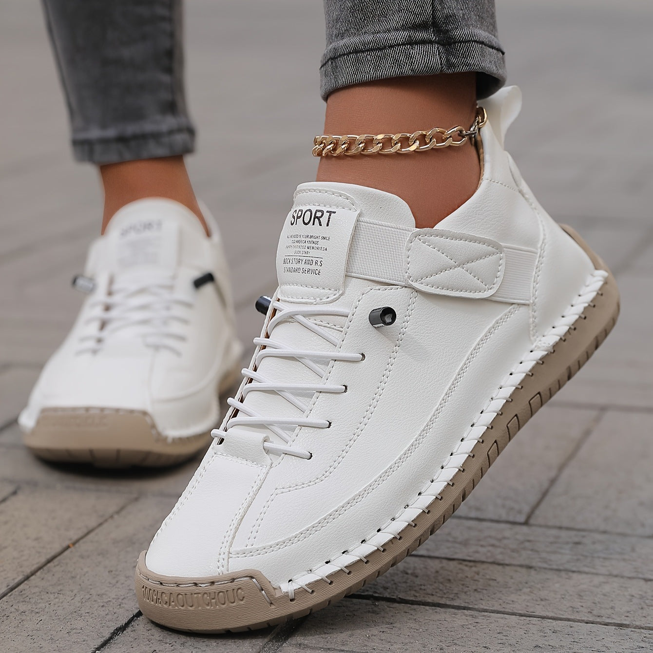 Zapatilla de Moda de Cuero Cómoda para Mujeres con Cordones y Correa de Velcro, Estilo Casual a Mano