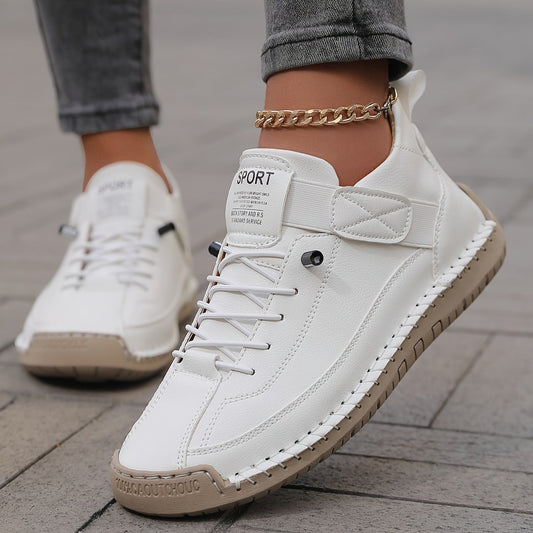 Zapatilla de Moda de Cuero Cómoda para Mujeres con Cordones y Correa de Velcro, Estilo Casual a Mano