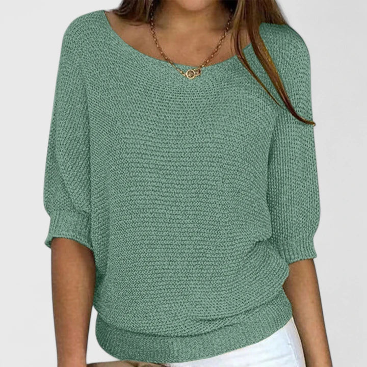 Suéter de Punto Waffle Cómodo para Mujeres con Cuello Barco, Manga Murciélago, Dobladillo Acanalado y Estilo Oversized