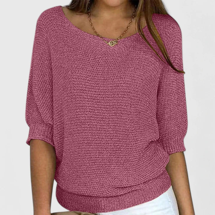Suéter de Punto Waffle Cómodo para Mujeres con Cuello Barco, Manga Murciélago, Dobladillo Acanalado y Estilo Oversized