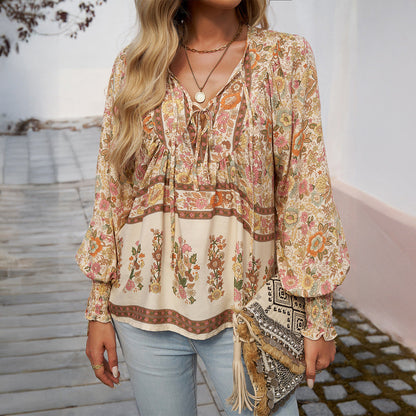 Blusa Floral Sin Esfuerzo para Mujeres con Escote en V, Manga Larga y Laço Frontal Estilo Bohemio