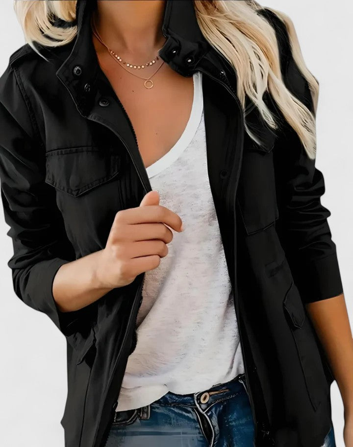 Chaqueta de Utilidad de Algodón sin Esfuerzo para Mujeres con Cuello a Presión, Manga Larga, Bolsillo Cargo, Estilo Casual