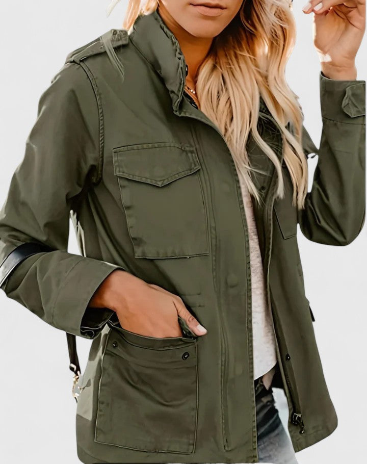 Chaqueta de Utilidad de Algodón sin Esfuerzo para Mujeres con Cuello a Presión, Manga Larga, Bolsillo Cargo, Estilo Casual