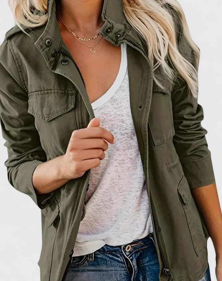 Chaqueta de Utilidad de Algodón sin Esfuerzo para Mujeres con Cuello a Presión, Manga Larga, Bolsillo Cargo, Estilo Casual