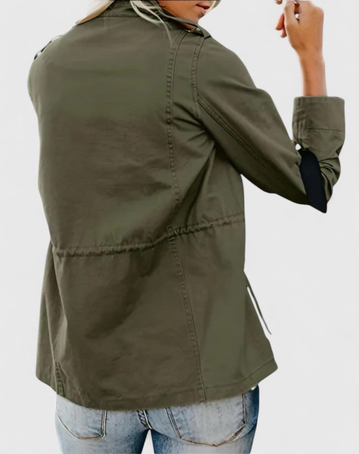 Chaqueta de Utilidad de Algodón sin Esfuerzo para Mujeres con Cuello a Presión, Manga Larga, Bolsillo Cargo, Estilo Casual
