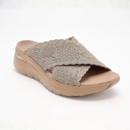 Sandalias deslizantes cómodas para mujeres con tiras cruzadas de punto y suela de plataforma acolchada