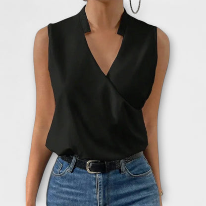 Blusa Elegante de Satén para Mujeres con Escote en V, Sin Mangas y Estilo Drapado