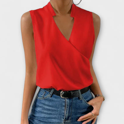 Blusa Elegante de Satén para Mujeres con Escote en V, Sin Mangas y Estilo Drapado
