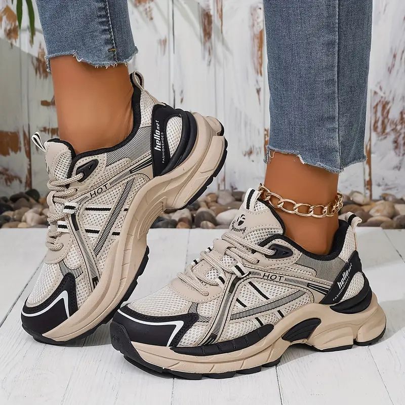 Zapatillas Cómodas para Mujeres con Panel de Malla, Cordones y Suela Chunky de Estilo Retro