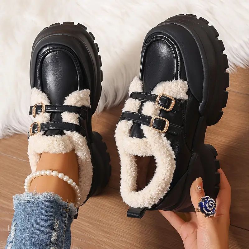 Zapatos Mary Jane cómodos para mujeres con borde de piel sintética, doble hebilla y estilo de plataforma chunky