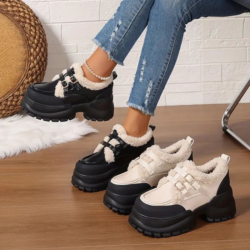 Zapatos Mary Jane cómodos para mujeres con borde de piel sintética, doble hebilla y estilo de plataforma chunky