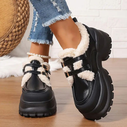 Zapatos Mary Jane cómodos para mujeres con borde de piel sintética, doble hebilla y estilo de plataforma chunky