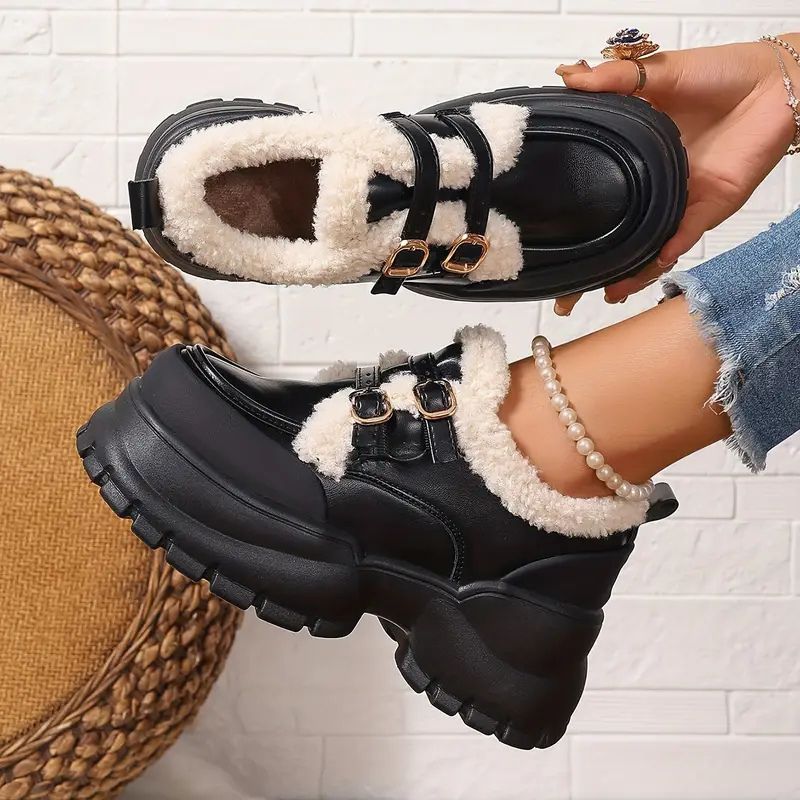 Zapatos Mary Jane cómodos para mujeres con borde de piel sintética, doble hebilla y estilo de plataforma chunky