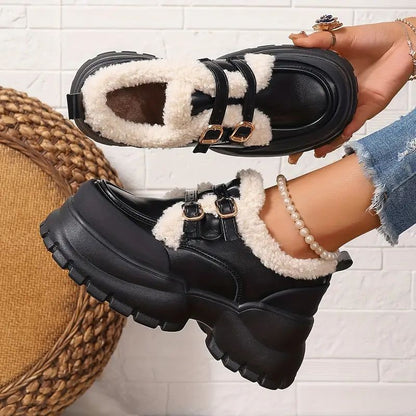 Zapatos Mary Jane cómodos para mujeres con borde de piel sintética, doble hebilla y estilo de plataforma chunky