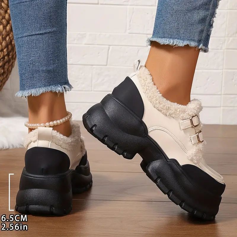 Zapatos Mary Jane cómodos para mujeres con borde de piel sintética, doble hebilla y estilo de plataforma chunky