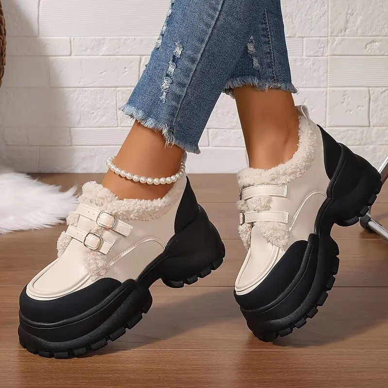 Zapatos Mary Jane cómodos para mujeres con borde de piel sintética, doble hebilla y estilo de plataforma chunky