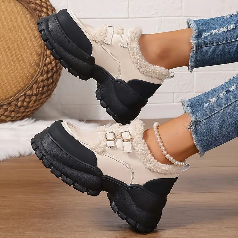 Zapatos Mary Jane cómodos para mujeres con borde de piel sintética, doble hebilla y estilo de plataforma chunky