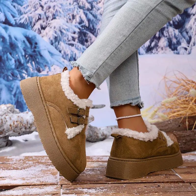 Zapatos de Invierno Cómodos para Mujeres con Forro de Piel Sintética, Estilo de Plataforma con Doble Hebilla
