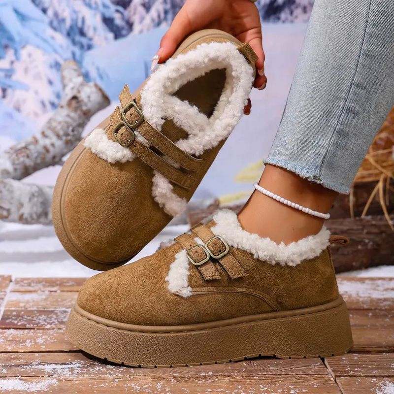 Zapatos de Invierno Cómodos para Mujeres con Forro de Piel Sintética, Estilo de Plataforma con Doble Hebilla