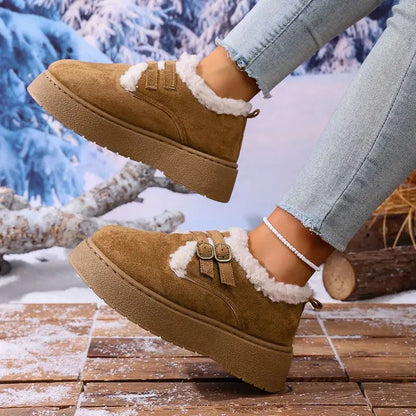 Zapatos de Invierno Cómodos para Mujeres con Forro de Piel Sintética, Estilo de Plataforma con Doble Hebilla