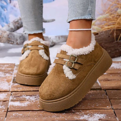 Zapatos de Invierno Cómodos para Mujeres con Forro de Piel Sintética, Estilo de Plataforma con Doble Hebilla