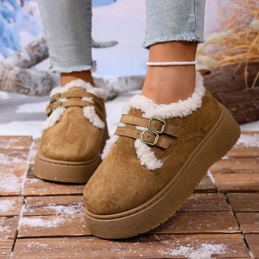 Zapatos de Invierno Cómodos para Mujeres con Forro de Piel Sintética, Estilo de Plataforma con Doble Hebilla