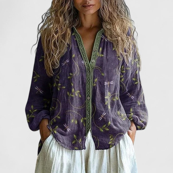 Blusa de Lino Floral Sin Esfuerzo para Mujeres con Cuello en V y Mangas Largas con Bordado Estilo Boho