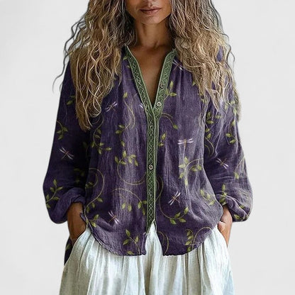 Blusa de Lino Floral Sin Esfuerzo para Mujeres con Cuello en V y Mangas Largas con Bordado Estilo Boho