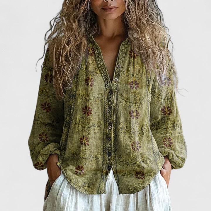 Blusa de Lino Floral Sin Esfuerzo para Mujeres con Cuello en V y Mangas Largas con Bordado Estilo Boho