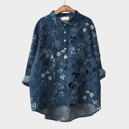 Blusa de Lino Floral Sin Esfuerzo para Mujeres con Cuello, Manga Larga, Botones Frontal, Estilo Relajado de Alto y Bajo