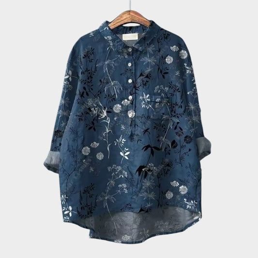 Blusa de Lino Floral Sin Esfuerzo para Mujeres con Cuello, Manga Larga, Botones Frontal, Estilo Relajado de Alto y Bajo