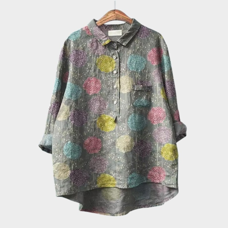 Blusa de Lino Floral Sin Esfuerzo para Mujeres con Cuello, Manga Larga, Botones Frontal, Estilo Relajado de Alto y Bajo